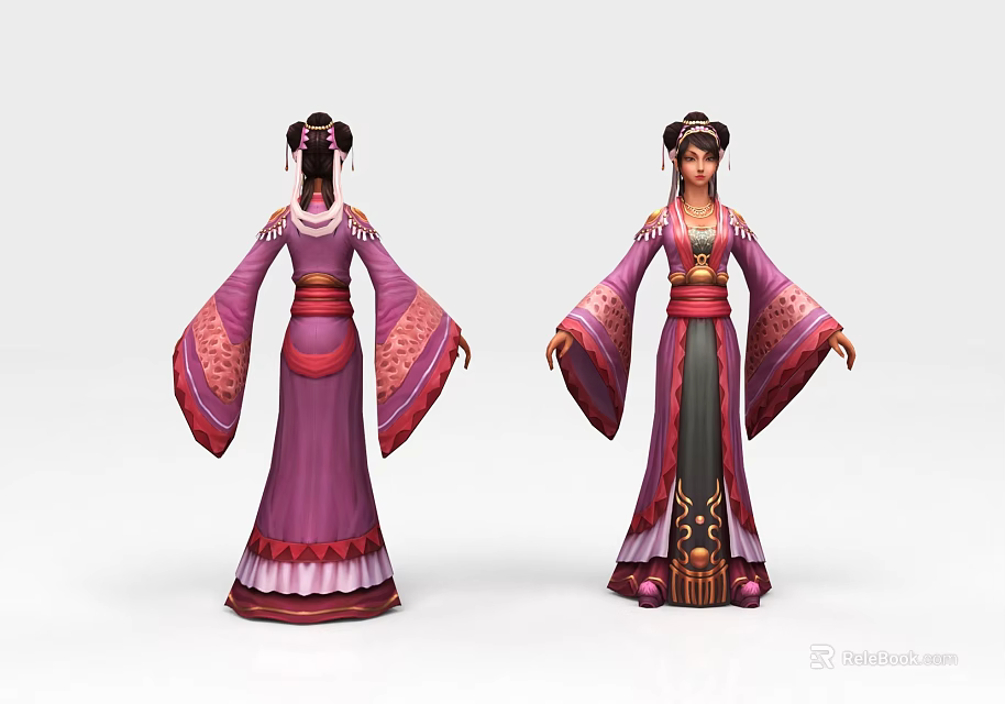 Game Film Character in Purple Robe with Red Accents and Traditional Hairstyle 3d model 
