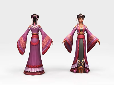 Game Film Character in Purple Robe with Red Accents and Traditional Hairstyle 3d model