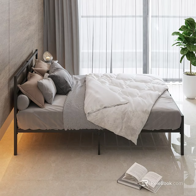 Modern Double Bed With Gray And Beige Pillows White Quilt Window Curtains And Potted Plant 3d model 