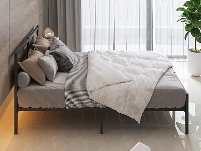 Modern Double Bed With Gray And Beige Pillows White Quilt Window Curtains And Potted Plant 3d model