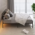 Modern Double Bed With Gray And Beige Pillows White Quilt Window Curtains And Potted Plant