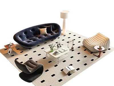 Blue Tufted Sofa And White Coffee Table Set With Green Plant Checkered Rug And Accent Chair 3d model