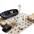 Blue Tufted Sofa And White Coffee Table Set With Green Plant Checkered Rug And Accent Chair