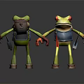 Anthropomorphic Green Frog Characters With Backpack Blue Vest Red Eyes And Brown Boots