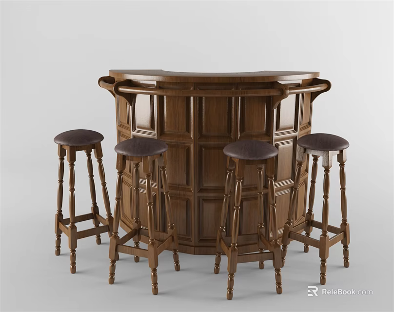 Traditional Wooden Bar Counter With Four Stools And Classic Design 3d model 