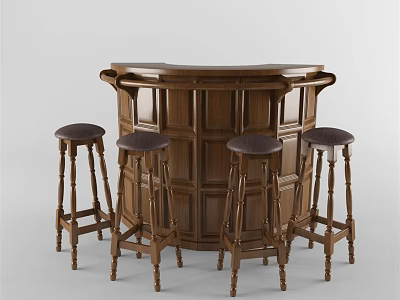 Traditional Wooden Bar Counter With Four Stools And Classic Design 3d model