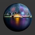 Colorful Cartoon Night Scene With City Skyline Bright Fireworks And Shimmering Water Reflection Lights
