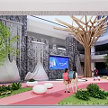Modern School Lobby With Stone Wall Green Plants Wooden Beams And Large Screen