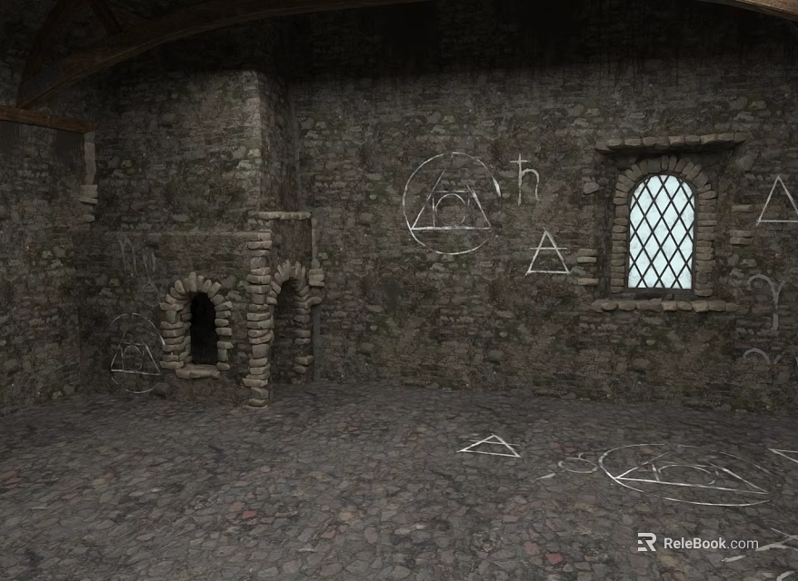 Medieval Stone Room Interior With Arched Doorway Stained Glass Window And Wall Geometric Symbols 3d model 