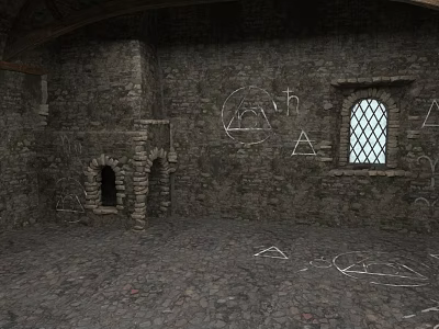 Medieval Stone Room Interior With Arched Doorway Stained Glass Window And Wall Geometric Symbols 3d model