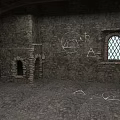 Medieval Stone Room Interior With Arched Doorway Stained Glass Window And Wall Geometric Symbols