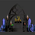 Fantasy Scene Component With Circular Structure Burning Torches Blue Crystals And Green Glow