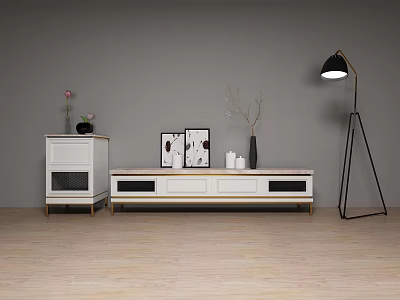 Modern White Wooden TV Stand With Side Cabinet Decorations Vase And Floor Lamp 3d model