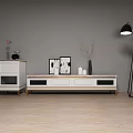 Modern White Wooden TV Stand With Side Cabinet Decorations Vase And Floor Lamp