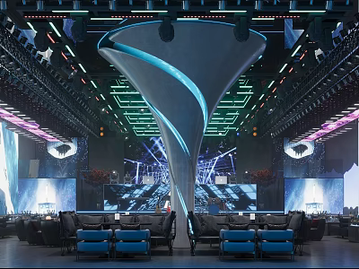 Modern Futuristic Bar Interior With Large Sculptural Installation Lighting Blue Sofas And Screens 3d model