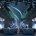 Modern Futuristic Bar Interior With Large Sculptural Installation Lighting Blue Sofas And Screens