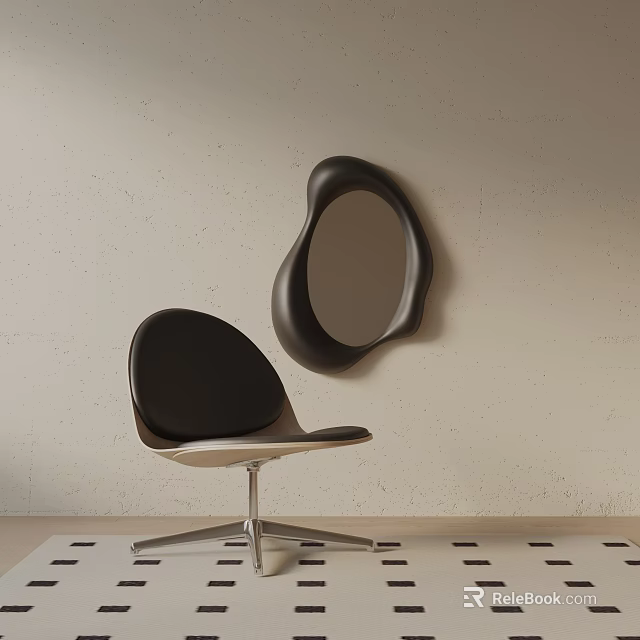 Modern Black Accent Chair With Metallic Base And Abstract Mirror On Beige Wall 3d model 