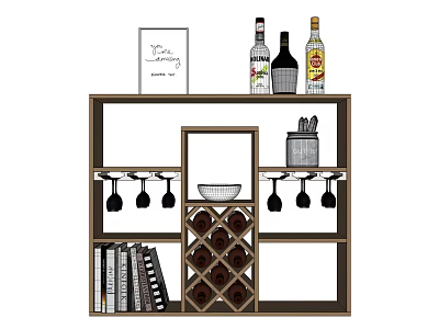 Modern Wine Cabinet with Hanging Wine Glasses Wine Rack Bottles and Books 3d model