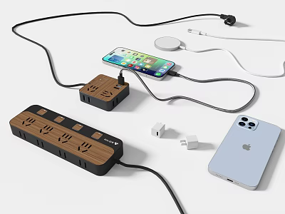 Mobile Phones Charging Setup with Multiple Power Strips Cables and Chargers 3d model