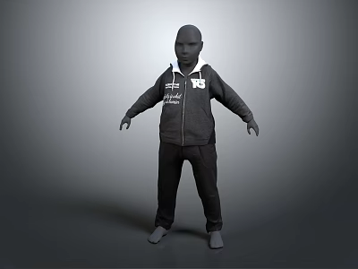 3D Fashion Model Wearing Black Hoodie Black Pants With White Text Logo Against Gray Background 3d model