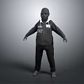 3D Fashion Model Wearing Black Hoodie Black Pants With White Text Logo Against Gray Background