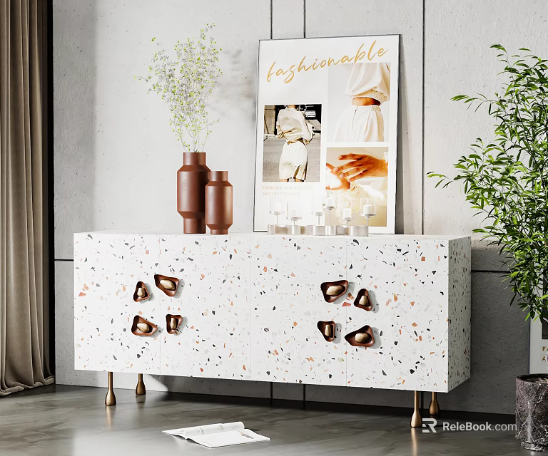 White Terrazzo TV Stand With Brown Vases Decorative Painting And Green Plant 3d model 