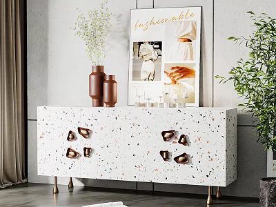 White Terrazzo TV Stand With Brown Vases Decorative Painting And Green Plant 3d model