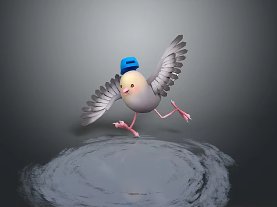 Cartoon Bird Wearing Blue Hat With Spread Wings Standing On Circular Light Area Dark Background 3d model