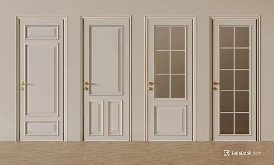 Various Design Interior Hinged Doors With White Finish Glass Panels And Handles 3d model 