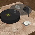 Modern Black Round Glass Coffee Table With Books Vase And Fruit Bowl On Rug