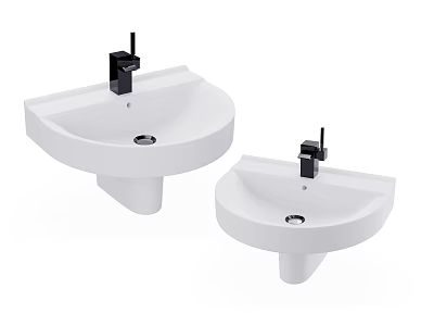 Two White Wall Mounted Washbasins With Black Faucet Modern Design 3d model