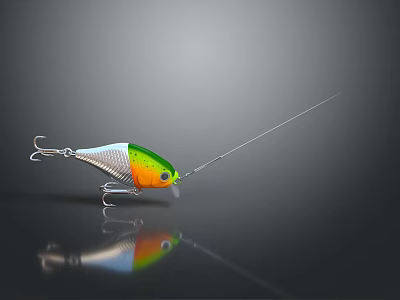Colorful Fishing Lure With Green Yellow Silver Body And Fishing Line On Dark Background 3d model
