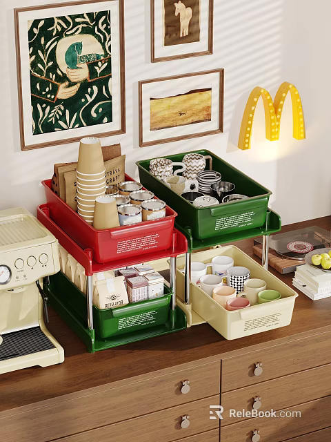 Multilayer Colorful Storage Shelves For Kitchen With Coffee Cups And Jars 3d model 