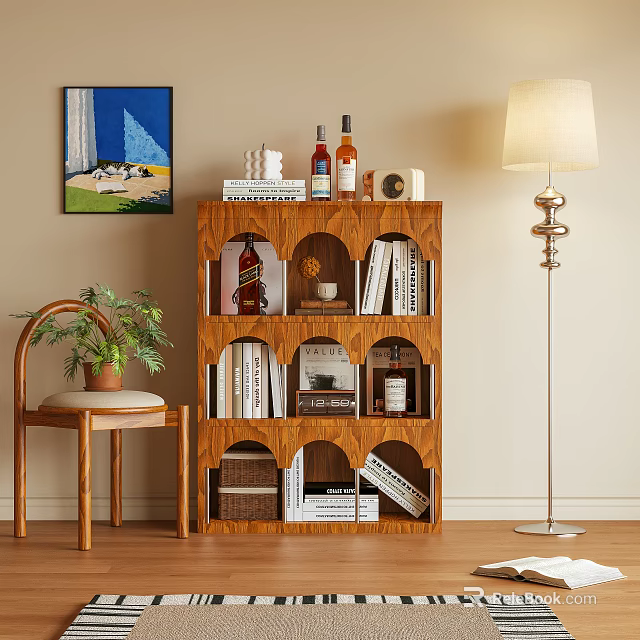 Modern Wooden Bookshelf With Layered Design Books Wine Bottles Decorative Items And Potted Plant 3d model 