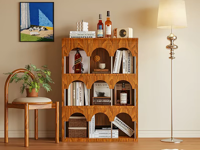 Modern Wooden Bookshelf With Layered Design Books Wine Bottles Decorative Items And Potted Plant 3d model