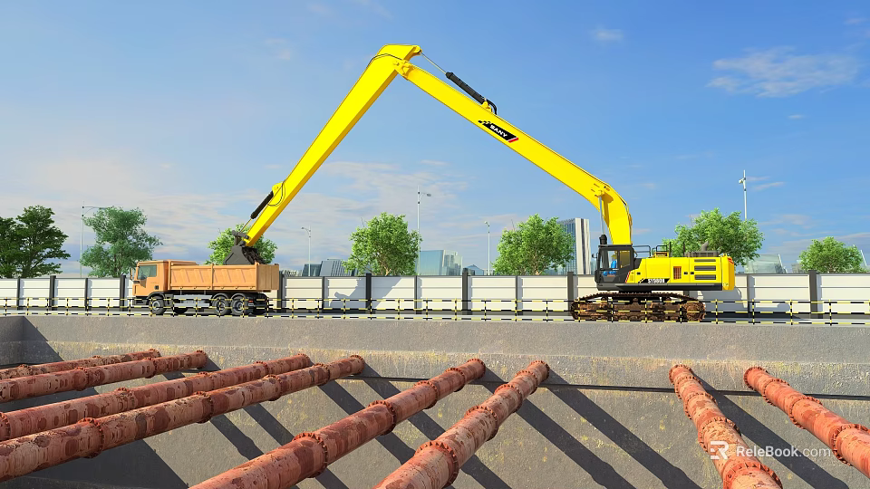Yellow Excavator Loading Truck At Construction Site With Trees And Blue Sky 3d model 
