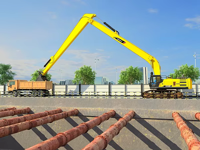 Yellow Excavator Loading Truck At Construction Site With Trees And Blue Sky 3d model