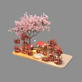 Decorative Display With Pink Cherry Blossom Tree Red Fans Umbrellas And Round Lights