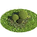 Circular Green Grass Lawn Featuring Well Trimmed Rounded Bushes And Small Plants