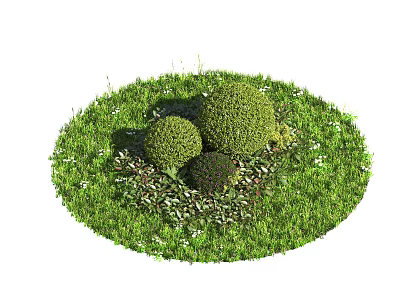 Circular Green Grass Lawn Featuring Well Trimmed Rounded Bushes And Small Plants 3d model