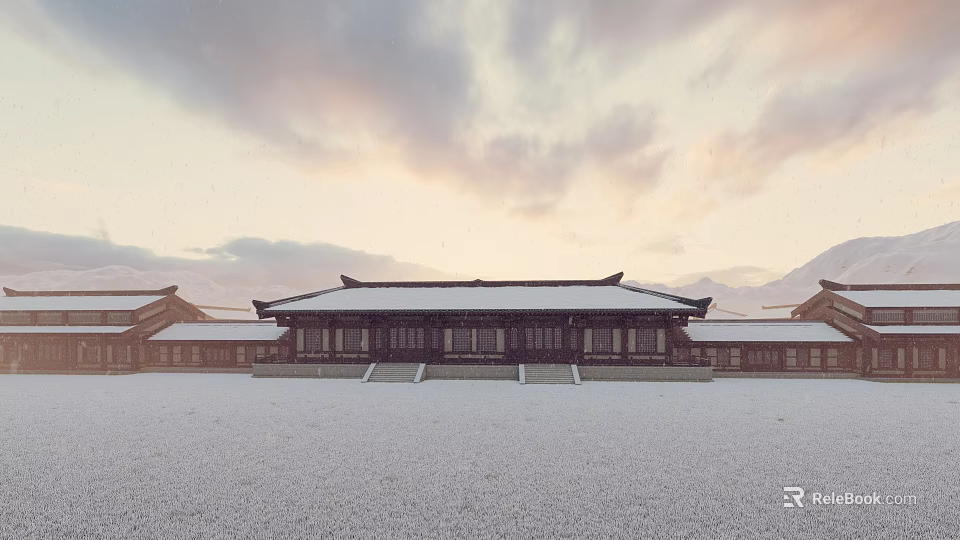 Ancient Chinese Architecture Group With Snow Covered Rooftops In Winter Scene 3d model 