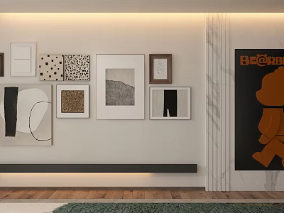 Gallery Wall With Various Decorative Paintings And BE@RBRICK Poster In Modern Interior 3d model