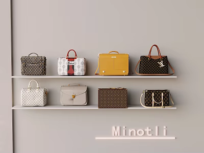 Minotli Handbags Different Styles Various Colors Displayed On White Wall Shelves 3d model