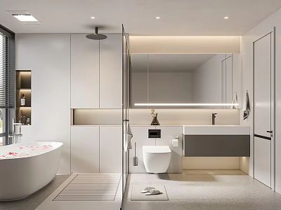 Modern Bathroom Interior With Bathtub Shower Vanity Mirror Lighting And Cabinets 3d model