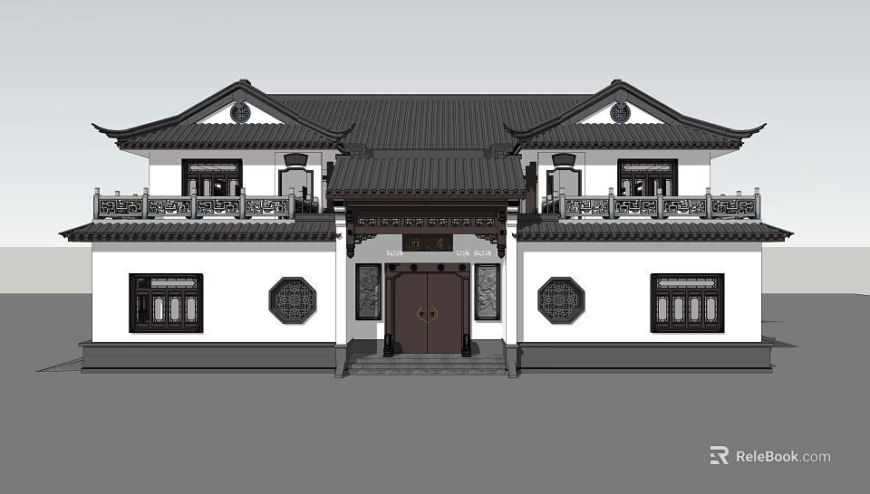Traditional Chinese Detached Villa With Black Tiled Roof Overhanging Eaves And Symmetrical Design 3d model 