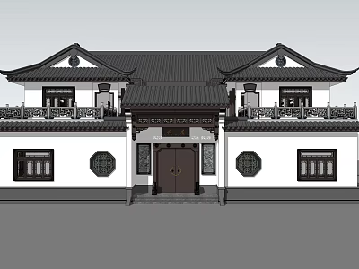 Traditional Chinese Detached Villa With Black Tiled Roof Overhanging Eaves And Symmetrical Design 3d model