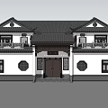 Traditional Chinese Detached Villa With Black Tiled Roof Overhanging Eaves And Symmetrical Design