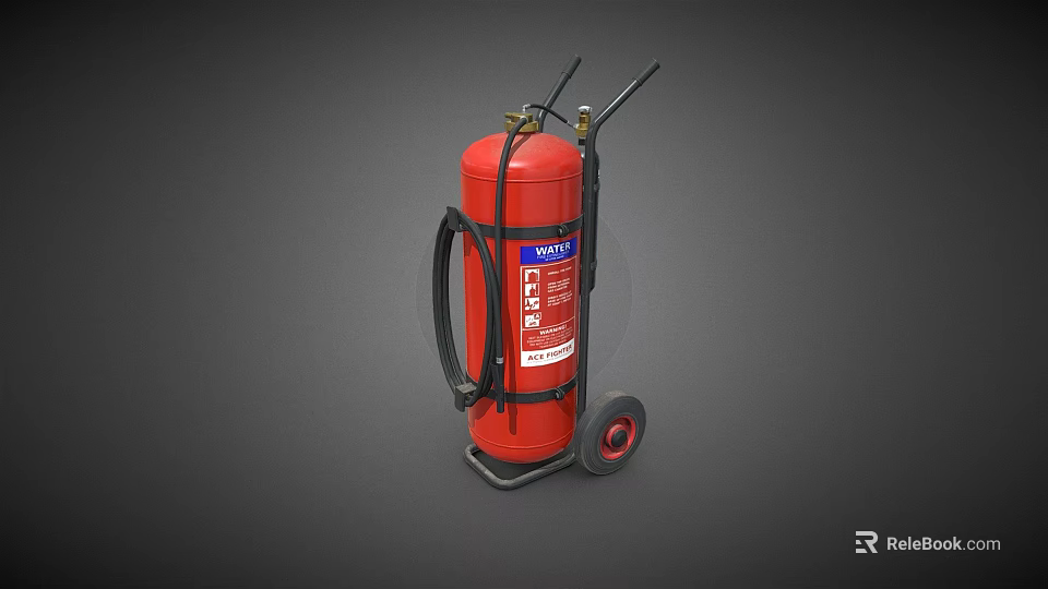 Red Wheeled Fire Extinguisher With Test Label And Mobile Cart For Industrial Safety 3d model 