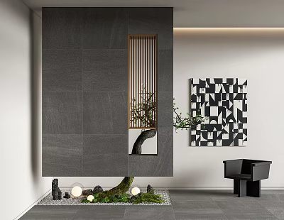 Modern Entryway Design With Gray Wall Wooden Grille Green Plant And Black White Geometric Art 3d model