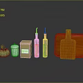 Essential Kitchen Living Supplies With Wooden Cutting Board Spice Containers And Bottles
